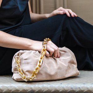 Cloud Clutch - Tan Suede Ruched Pouch Bag